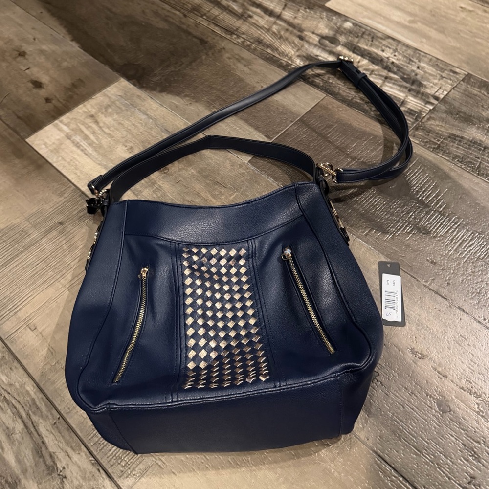M.C. Navy Blue Women's Crossbody Shoulder Bag with Woven Accent